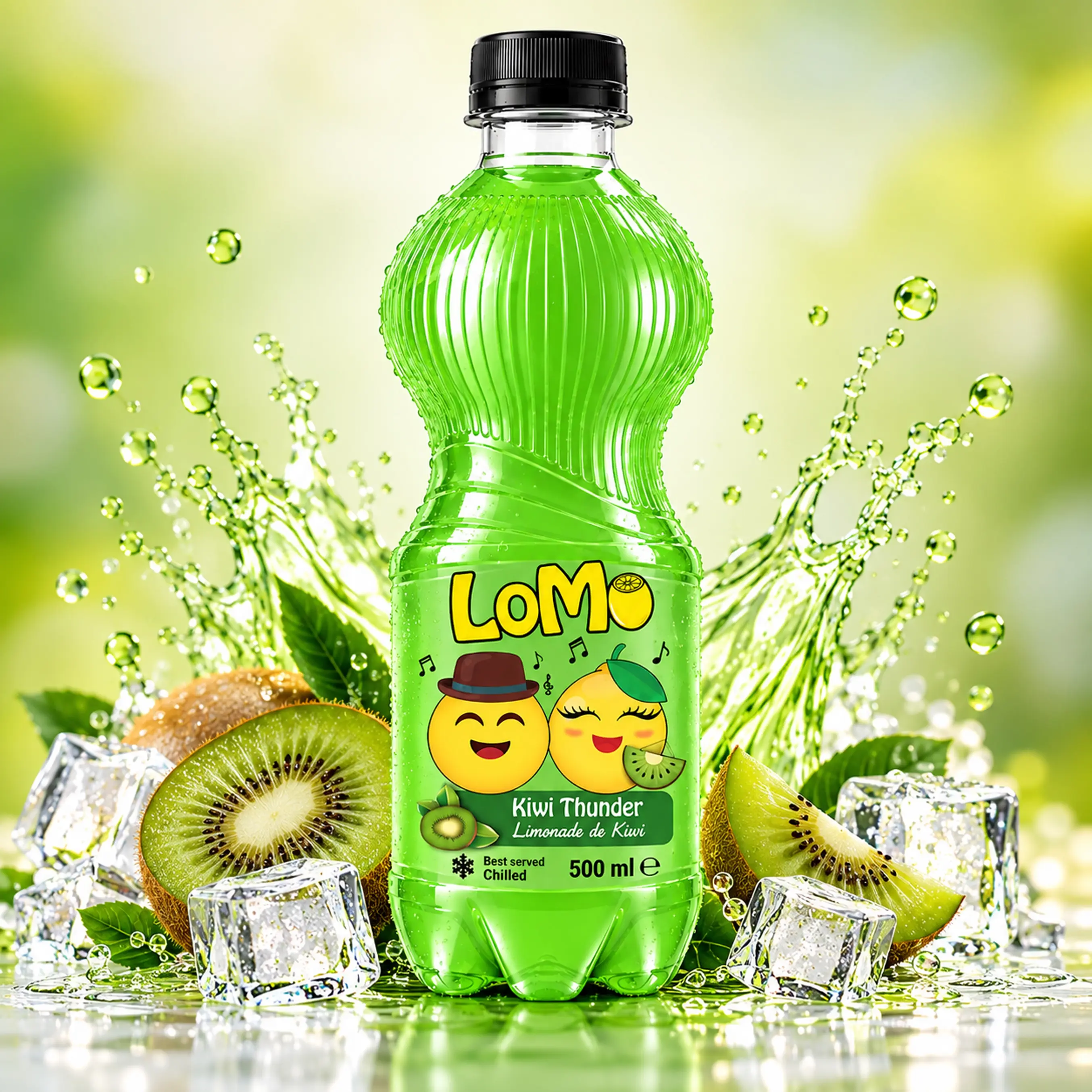 LOMO Kiwi Thunder 500ml lemonade bottle with fresh kiwi slices, ice cubes and green splash.